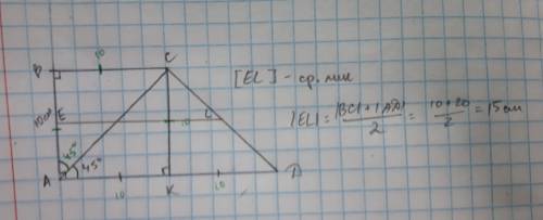 Abcd - трапеция (аd||bc),угол а=углу b=90°,ab=10см,угол cad=45°,ck-высота,аk: kd =1: найдите среднюю