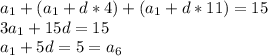 a_{1} +(a_{1} +d*4)+(a_{1} +d*11)=15\\3a_{1} +15d=15\\a_{1} +5d=5=a_{6}\\