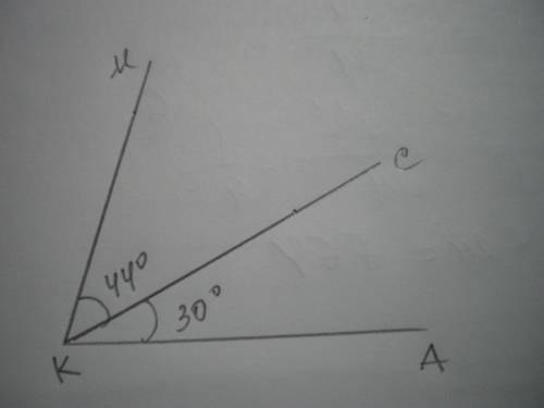 Постройте угол мка, величина которого равна 74. проведите произвольно луч кс между сторонами угла мк
