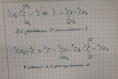 Напишите структурные формулы : 2,2-диметил-5-этилгексин-3 4-метил-6,6-дихлоргептин-2