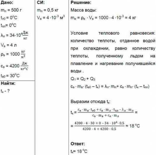 Какая установится окончательная температура, если 500 г льда при температуре 0 °с погрузить в 4 л во