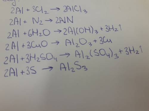 Составить возможные уравнения алюминия с в-вами: cl2, s, n2,h2o,cuo, h2so4