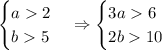 \begin{cases} a2\\ b5\end{cases} \Rightarrow \begin{cases} 3a6\\ 2b10\end{cases}