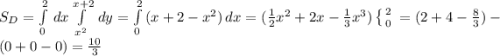 S_{D}=\int\limits^2_0{}\,dx\int\limits^{x+2}_{x^{2}}{}\,dy=\int\limits^2_0{(x+2-x^{2})}\,dx=(\frac{1}{2} x^{2}+2x-\frac{1}{3} x^{3})\left\{{{2}\atop{0}}\right.=(2+4-\frac{8}{3})-(0+0-0)=\frac{10}{3}