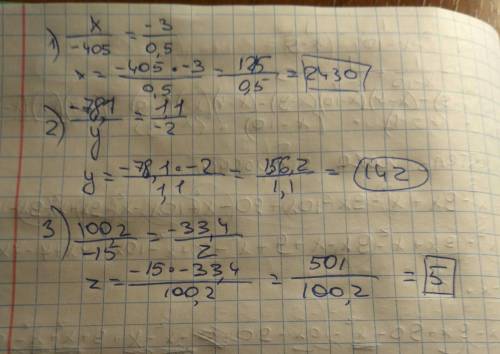 Найдите неизвестный член пропорции: 1) x/-405 = -3/0,5 2)-78,1/y = 1,1/-2 3)100,2/-15 = -33,4/z
