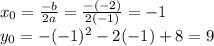 x_0=\frac{-b}{2a}=\frac{-(-2)}{2(-1)}=-1\\y_0=-(-1)^2-2(-1)+8=9