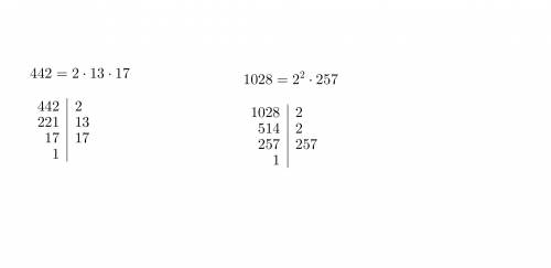 Разложите числа 442 и 1028 на простые множетели