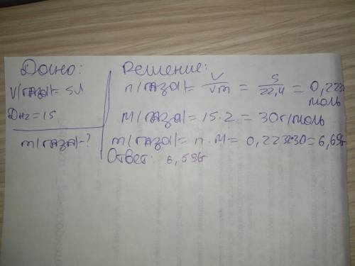 Какова масса 5 л (н. у.) газа, если плотность по водороду равна 15. решите как и чтобы ответ был 6.6