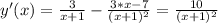 y'(x) = \frac{3}{x+1}-\frac{3*x-7}{(x+1)^2}=\frac{10}{(x+1)^2}