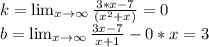 k= \lim_{x \to \infty} \frac{3*x-7}{(x^2+x)}=0\\ b= \lim_{x \to \infty}\frac{3x-7}{x+1}-0*x=3