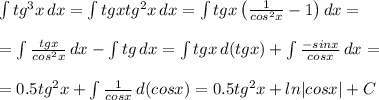 \int {tg^3x} \, dx=\int {tgx tg^2x} \, dx=\int {tgx\left(\frac{1}{cos^2x}-1\right)}\, dx=\\\\=\int {\frac{tgx}{cos^2x}}\, dx-\int{tg}\,dx=\int {tgx}\, d(tgx)+ \int {\frac{-sinx}{cosx}}\, dx=\\\\=0.5tg^2x+\int {\frac{1}{cosx}} \, d(cosx)=0.5tg^2x+ln|cosx|+C