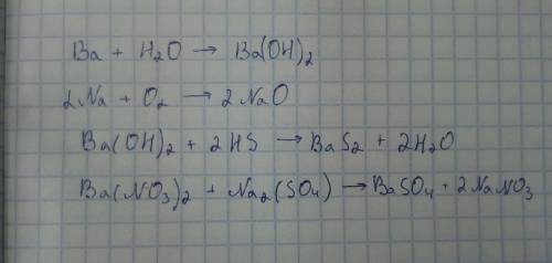 Написать уравнения взаимодействия барий + вода натрий + кислород гидроксид бария + сероводород нитра