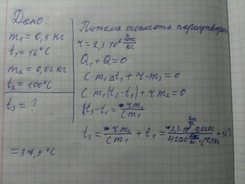 25 у калометрі міститься 0,5кг води при 16с° . у нього впускають 20 г. водяної пари при 100с°. до як