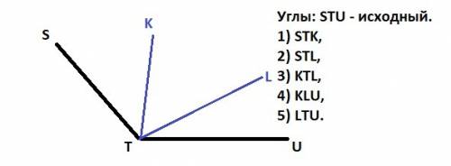 Начерти угол stu и раздели его лучами tk и tl на части.запиши все полученные углы.