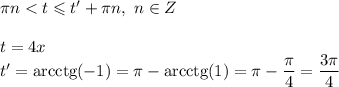 \pi n < t \leqslant t' + \pi n, \ n \in Z\\\\t = 4x\\t' = \text{arcctg}(-1) = \pi - \text{arcctg}(1) = \pi - \dfrac{\pi}{4} = \dfrac{3\pi}{4}