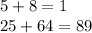 5 + 8 = 1 \\ 25 + 64 = 89