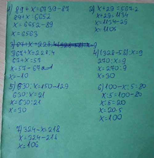 Реши уравнения: 89+х=6739-87; х+29=567*2; 67+х=228: 4 (328-58): х=9; 630: х=150-129; 100-х: 5=80; 32