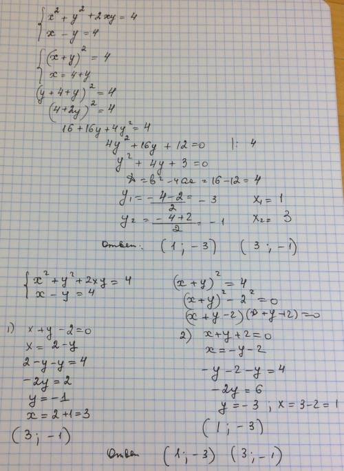 Всем доброе время суток. подскажите как решить по систему уравнение{x^2+y^2+2xy=4/x-y=4.