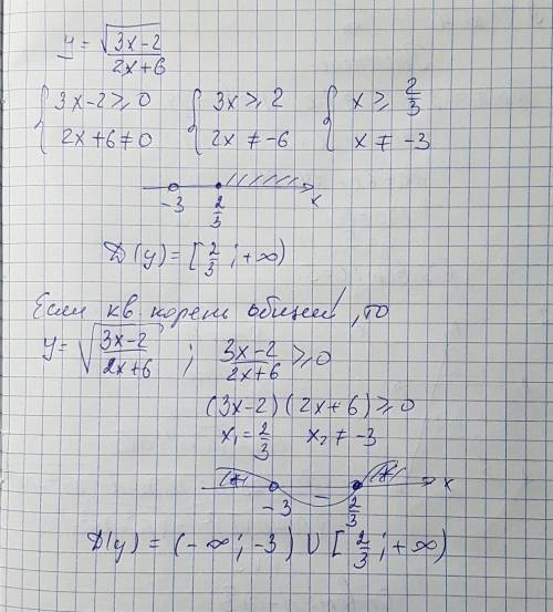 Область определения y= корень 3x-2/2x+6