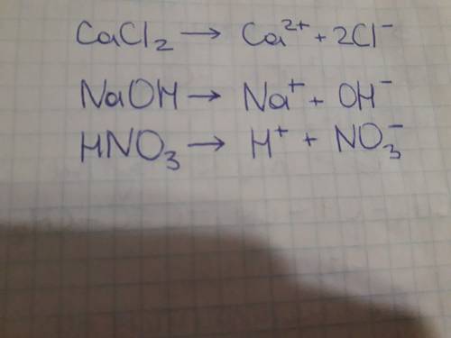 Електроличноя дисоциация 1.хлорида кальция 2.гидроксит натрию 3.нитратнои кислоты