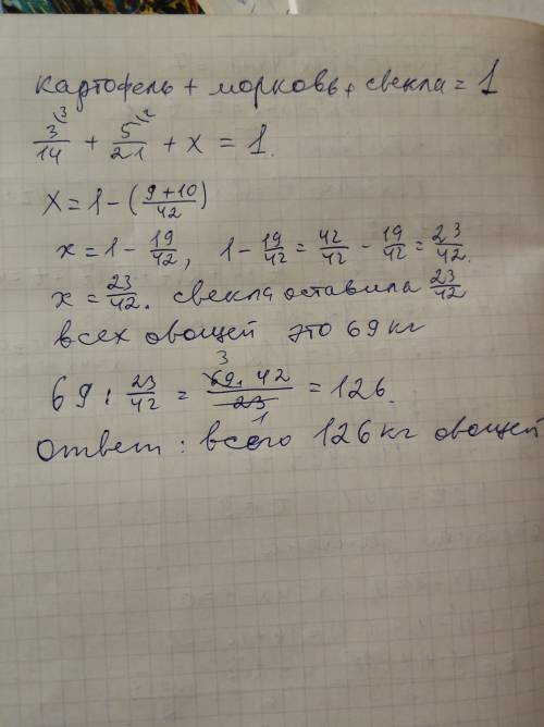 Умагазин овочі. картопля становила 3/14 усіх овочів, морква - 5/21, а буряки - решту 69 кг. скільки
