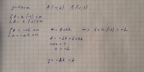 График функции y=kx+m проходит через точки а(-4; 6)и в(-2; 2) найдите формулу, которая задаёт эту фу