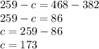 259 - c = 468 - 382 \\ 259 - c = 86 \\ c = 259 - 86 \\ c = 173