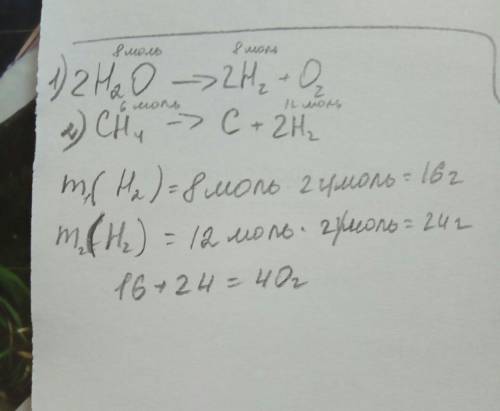 Решить : вычислите массу водорода, полученного при разложении 8 моль воды и 6 моль метана.