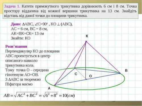 Катети прямокутного трикутника авс(авс-90*) доривнюють 6 и 8 см.точка d виддалена от каждой вершини