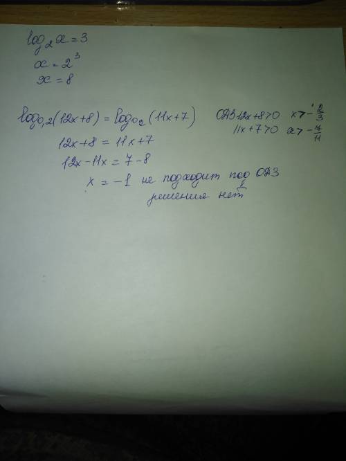 Sos, нужна . решить логарифмическое уравнение и неравенство: log2x=3; log0,2(12x+8)=log0,2(11x+7)