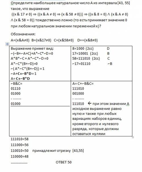 Подробное решение.заранее определите наибольшее натуральное число a из интервала [43, 55] такое, что