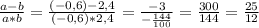 \frac{a-b}{a*b}=\frac{(-0,6)-2,4}{(-0,6)*2,4}=\frac{-3}{-\frac{144}{100}}=\frac{300}{144}=\frac{25}{12}