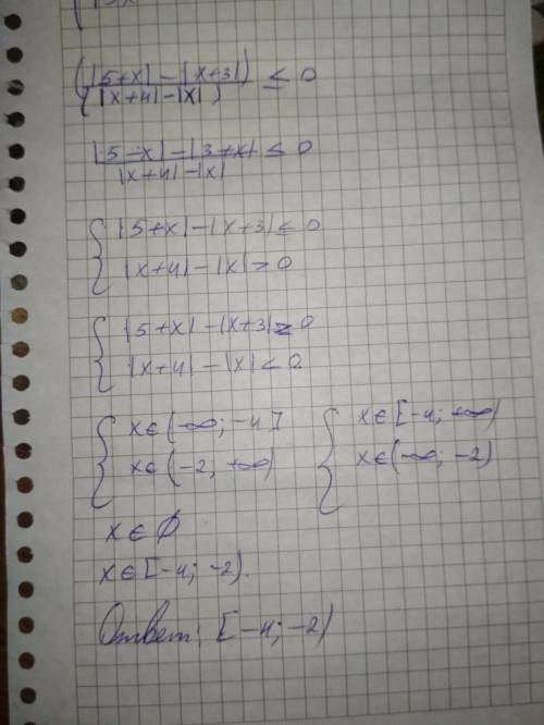 Найти сумму целых решений неравенства (|5+x|-|x+3|) / (|x+4|-|x|) ≤0