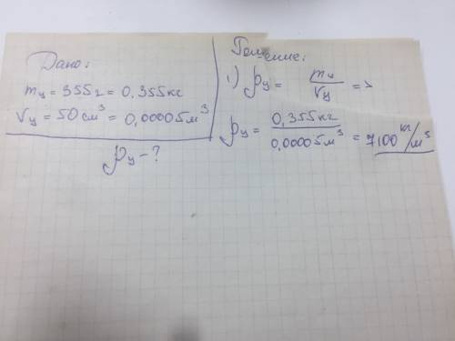 Кусок цинка массой 355г имеет объем 50см. определите плотность цинка.