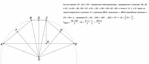 Втрапеции abcd ad - большее основание . прямые проходящие через середины сторон ab, bc, dc перпендик