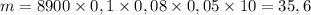 m = 8900\times 0,1\times 0,08\times 0,05\times 10 = 35,6