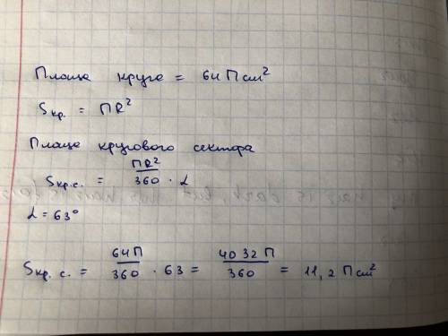 Площа круга становить 64п см квадратних. знайти площу кругового сектора , якщо відповідний йому цент