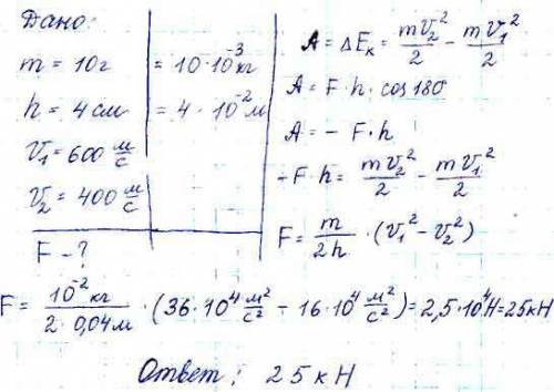 4. пуля массы m = 10 г подлетает к доске толщины d = 4 см со скоростью v0 = 600 м/с и, пробив доску,