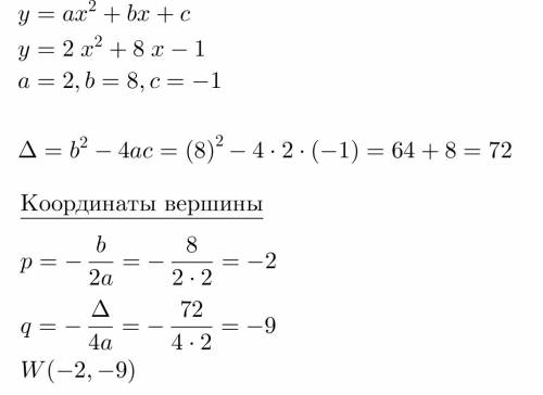 Як найти координати вершини параболи y = 2x² + 8x -1?