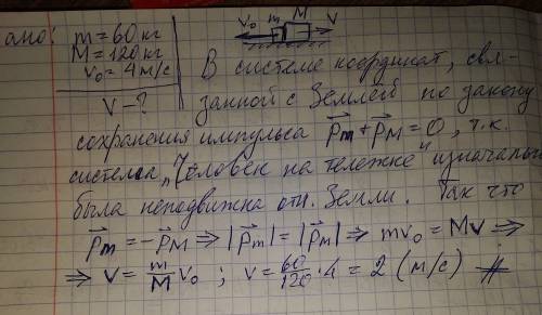 Нужно решить 20 . человек массой 60 кг стоит на неподвижной тележке массой 120 кг. найти скорость те