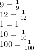 9 = \frac{1}{9} \\ 12 = \frac{1}{12} \\ 1 = 1 \\ 10 = \frac{1}{10} \\ 100 = \frac{1}{100}