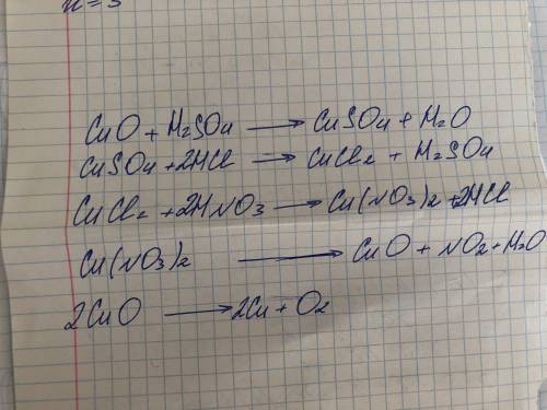 Напишите уравнение реакций, с которых можно осуществить следующие превращения: cuo -- cuso4 -- cucl2