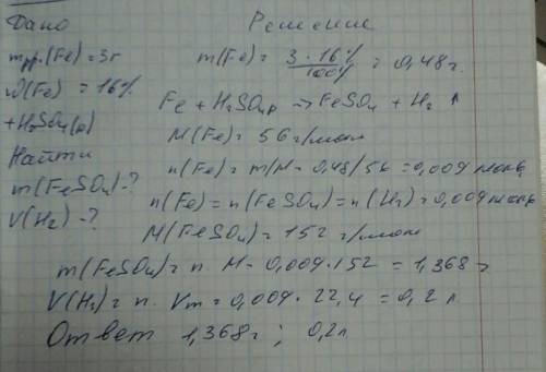 Определите массу соли и объем газа полученного при взаимодействии 3 г железа с массовой долей 16% с