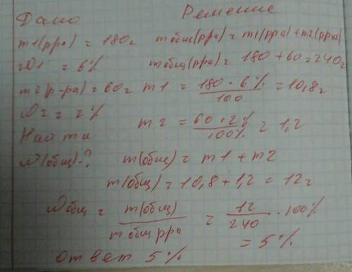 Смешали 180г 6％-го раствора и 60г 2％-го раствора и вещества.