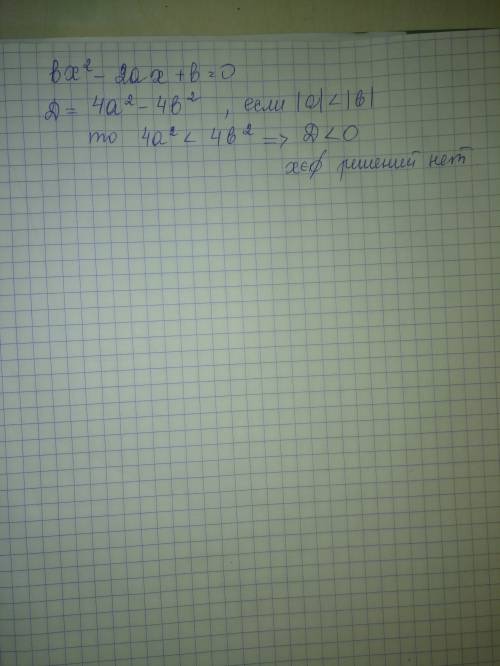 Имеет ли уравнение bx в квадрате - 2 ax + b= 0 действительные корни , если |a|< |b|?