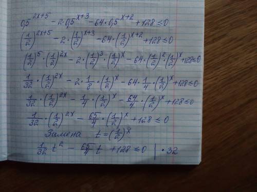 0.5^(2x+5)-2*0,5^(x+3)-64*0,5^(x+2)+128≤0