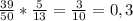 \frac{39}{50} * \frac{5}{13} = \frac{3}{10} = 0,3