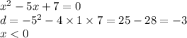 x {}^{2} - 5x + 7 = 0 \\ d = - 5 {}^{2} - 4 \times 1 \times 7 = 25 - 28 = - 3 \\ x < 0