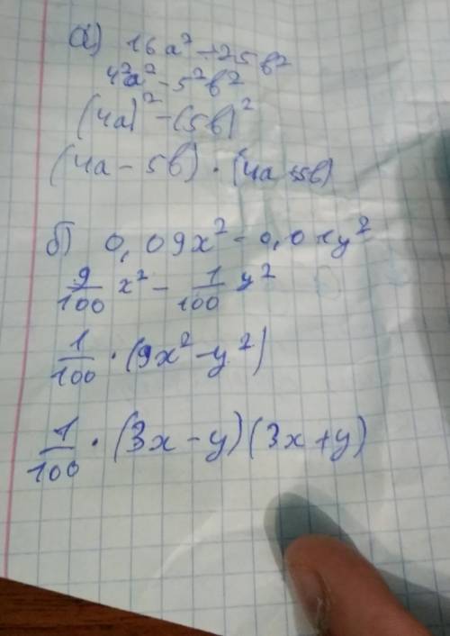 Разложите на множители а)16a²-25b² б)0,09x²-0,01y²