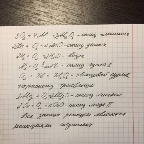 Составьте уравнения реакций взаимодействия кислорода с алюминием, цинком, водородом, азотом, свинцом